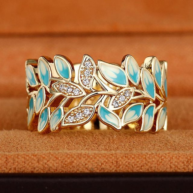Huitan Ring, Kupfer, Gold, Grünes Blatt Emaille, Zirkonia, Kristall, Damen - Bild 1
