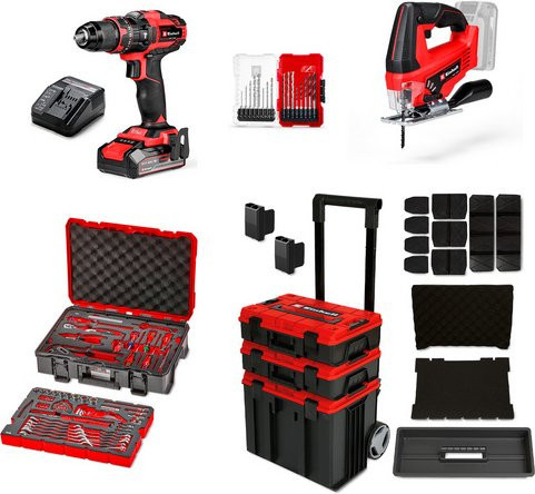 Einhell Werkstatt-Trolley mit 80-teiligem Werkzeugset und 2x 18V Power X-Change Geräten in Rot/Schwarz - Bild 1
