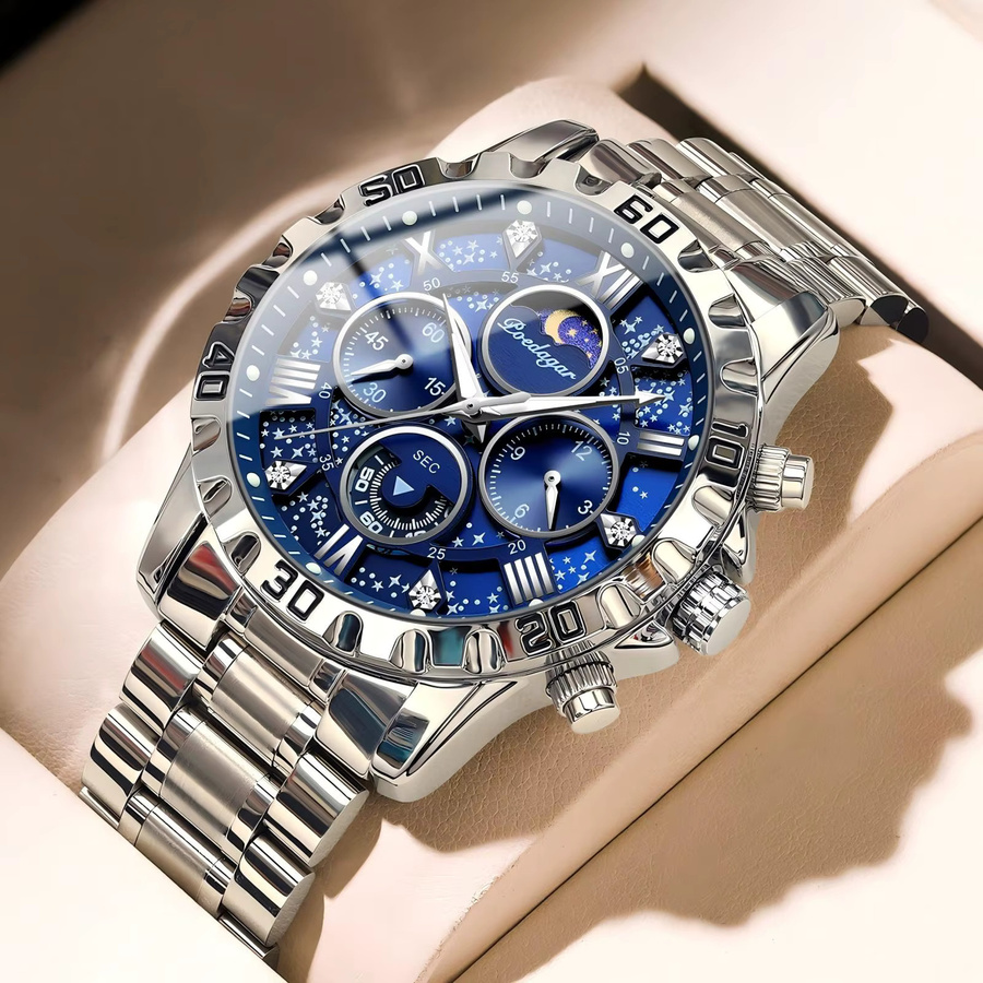 POEDAGAR Chronograph Armbanduhr, Quarz, Edelstahl, Gold Blue, Herren - Bild 2