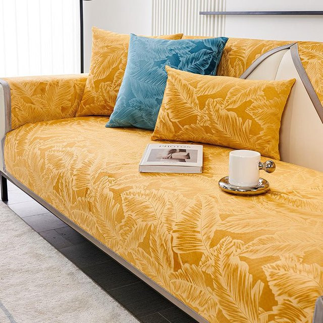 Super Six Jacquard-Sofabezug mit Blättermuster in Grau und Gelb, rutschfester Chenille-Couchbezug für Sessel und Ecksofas, B/B: 70 x 70 cm - Bild 1