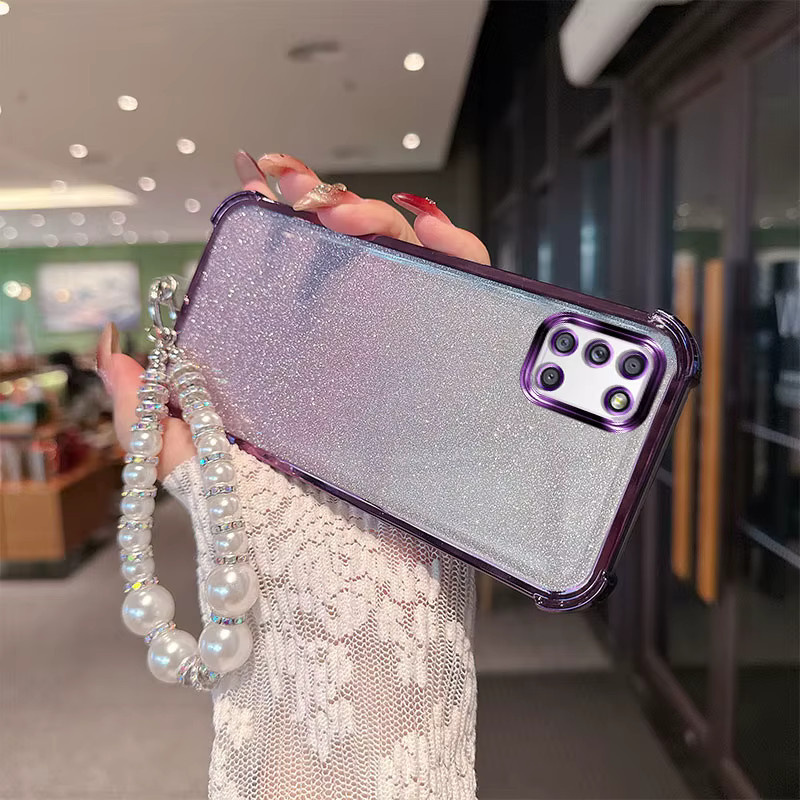 Samsung Galaxy A31 Stoßfeste TPU-Handyhülle mit Gradient Glitter Design und Perlenketten-Handgelenkband in Pink Multicolour - Bild 2