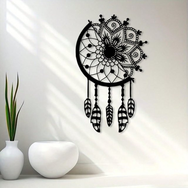 CIFBUY Boho Wandkunst Traumfänger aus Eisen in Schwarz mit Blumen und Federn - Bild 1