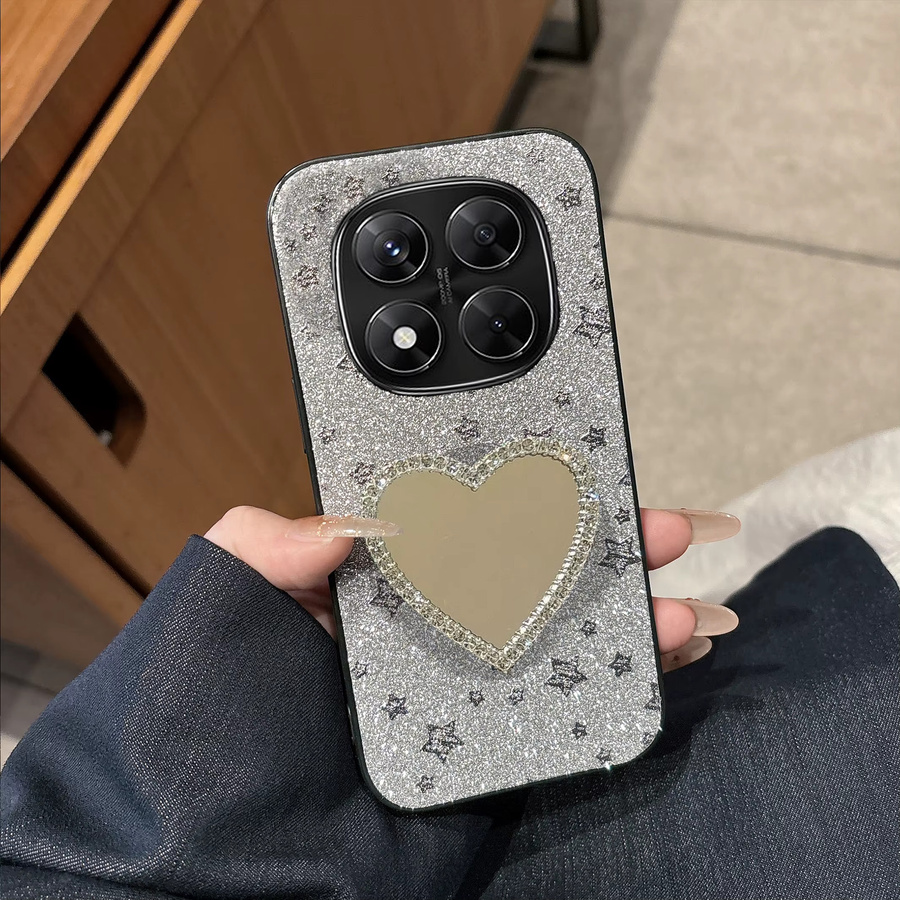 Luxuriöse Leder-Handyhülle mit funkelnden Sternen und Herzspiegel für Xiaomi Redmi Note 14 15 4G 5G Pro Plus in Schwarz - Bild 2
