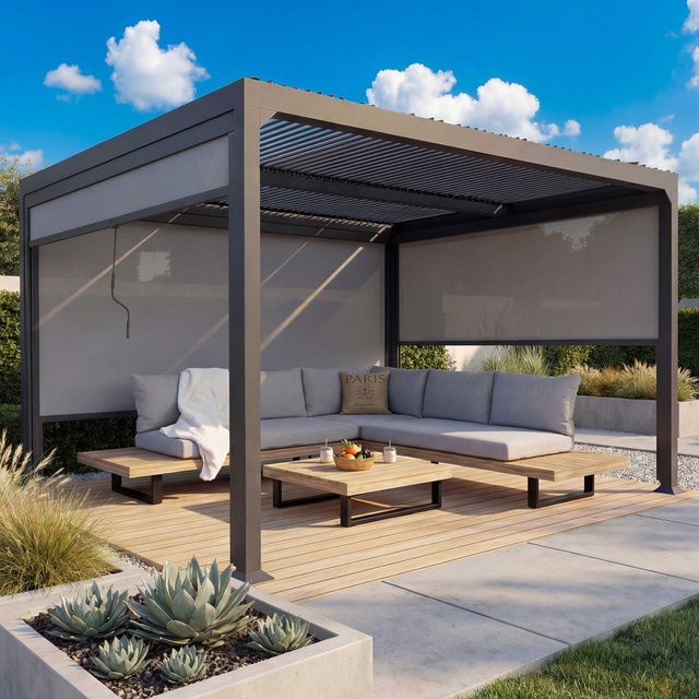 MCW Alu Pergola L41 Lamellen-Pavillon mit 3 Seitenwänden in Anthrazit B/T: 300 x 370 cm, Höhe: 224 cm - Bild 1