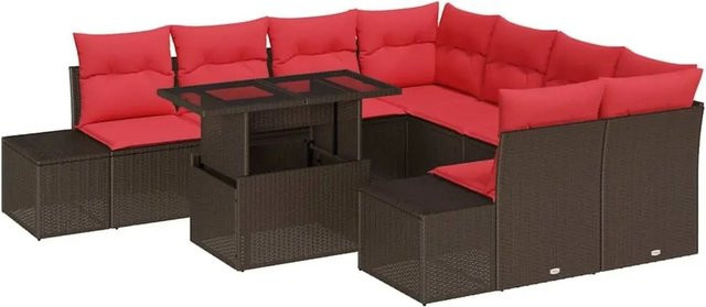 vidaXL Gartensofa-Set aus Poly-Rattan in L-Form mit 9 Kissen in Braun und Rot - Bild 1