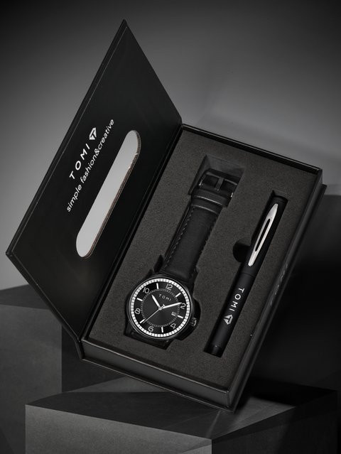 TOMI Uhren- und Stift-Geschenkset, Armbanduhr, Quarz, Herren, Schwarz - Bild 1