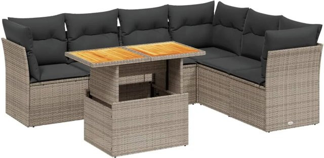 vidaXL 7-teilige Garten-Sofagarnitur aus Poly-Rattan und Akazienholz in Grau mit Kissen - Bild 1