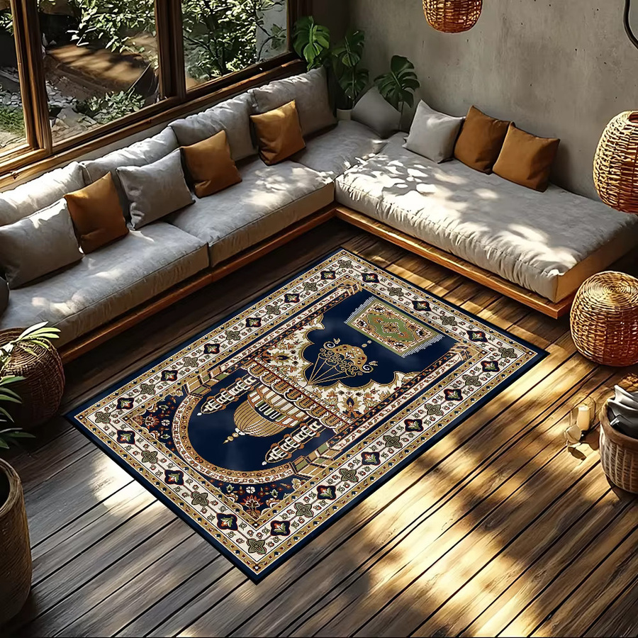 Handgefertigter, rutschfester Teppich mit orientalischem islamischem Muster in Blau für Wohnzimmer, Küche oder Schlafzimmer - Bild 4
