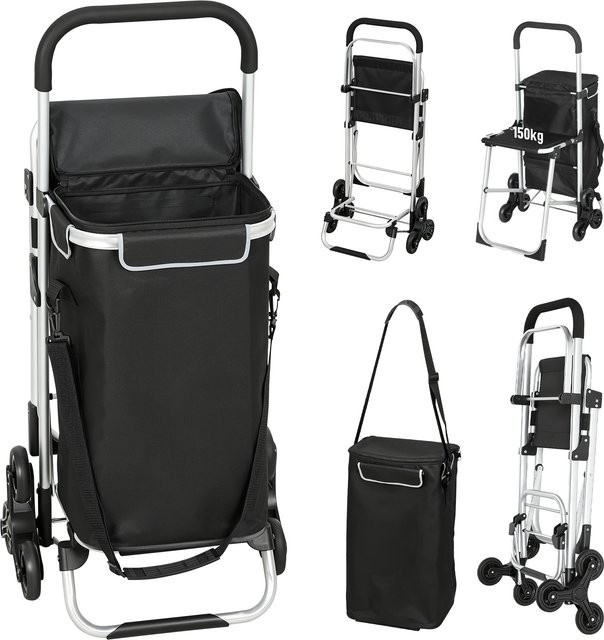 HOMCOM 3-in-1 Einkaufstrolley mit Sitz und Kühlfach, klappbarer Einkaufswagen mit 40L Kapazität und Treppensteiger, Schwarz - Bild 1