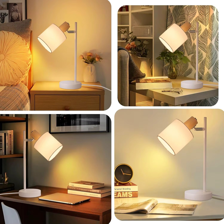 Vintage Tischlampe aus Holz mit weißem Stoffschirm, drehbare E14 Nachttischleuchte im Retro-Design für Wohnzimmer und Schlafzimmer - Bild 4
