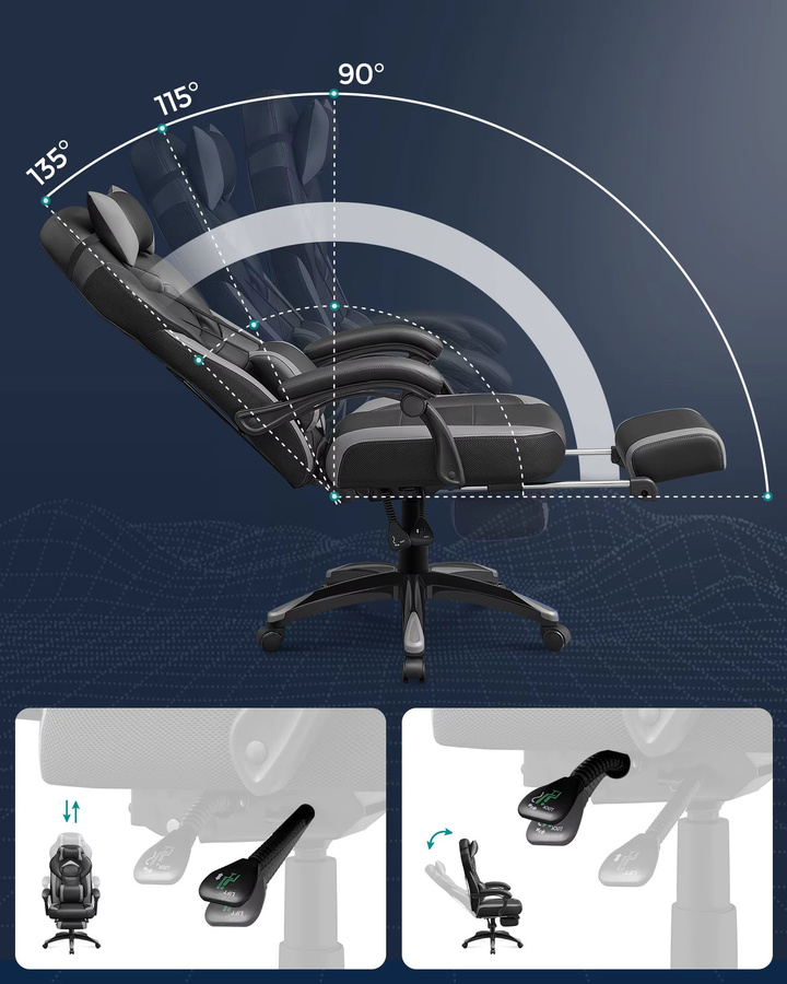 SONGMICS Gamingstuhl Ergonomisch in Grau-Schwarz mit Kopfstütze und Armlehnen - Bild 6