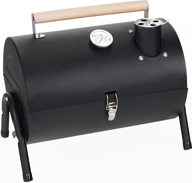 Relaxdays Campinggrill aus Stahl und Kiefernholz in Schwarz mit Deckel und Thermometer, B/T/H: 41 x 35 x 29 cm - Bild 1