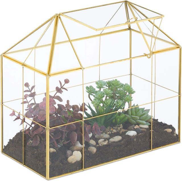 Relaxdays Pflanzenterrarium aus Glas in Gold mit Dachfenster in Hausform, B: 27 cm, T: 30 cm, H: 15 cm - Bild 1