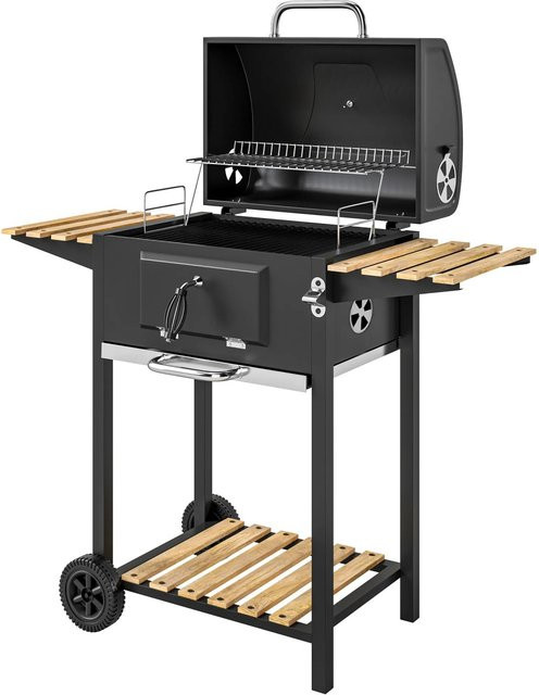 Outsunny Holzkohlegrill aus Edelstahl und Kiefernholz in Schwarz mit emaillierten Grillrosten, B/T/H: 58 x 112 x 107 cm - Bild 1