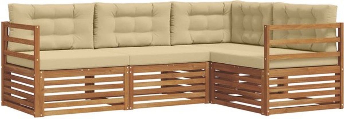 vidaXL Outdoor-Sofagarnitur aus Massivholz mit Kissen, 4-teiliges Loungemöbel-Set in Natur und Beige - Bild 1