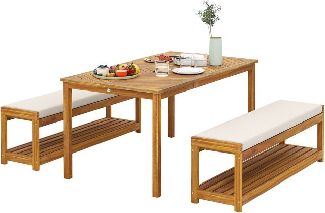 Outsunny 3-teiliges Gartenmöbel-Set aus Akazienholz in Braun mit Esstisch und 2 Bänken - Bild 1