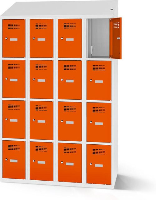 rotstahl Fächerschrank mit Ladefunktion und 16 Fächern in Orange mit lichtgrauem Korpus, B: 120 cm, H: 200 cm - Bild 1