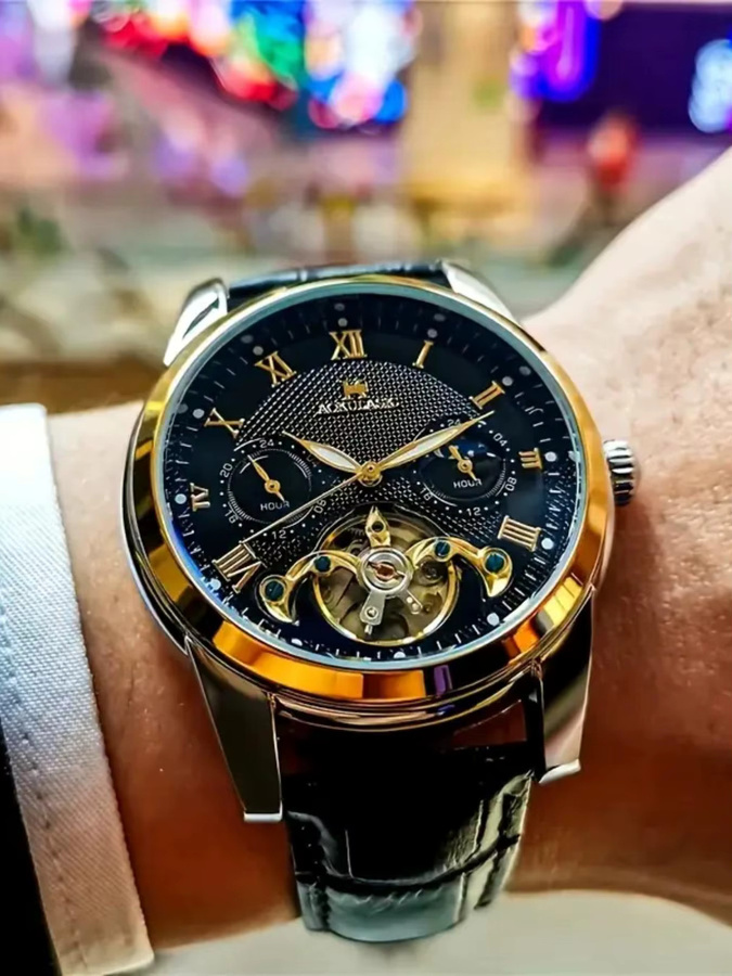 AOKULASIC Armbanduhr Automatik, Legierung, Gold, Mondphasenanzeige, Herren - Bild 2