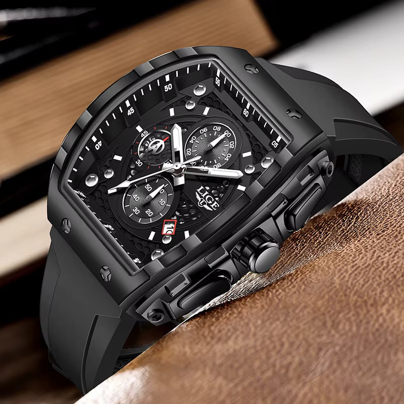 LIGE Armbanduhr Chronograph, Quarz, Silikon, Schwarz, Herren - Bild 3