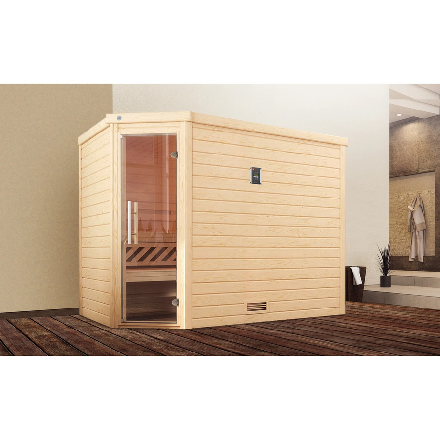 Weka Massivholzsauna Turku aus Fichtenholz mit 3 Sparsets, 7,5 kW BioS Heizung und Glastür, Farbe: braun, B/T/H: 248 x 198 x 205 cm - Bild 2