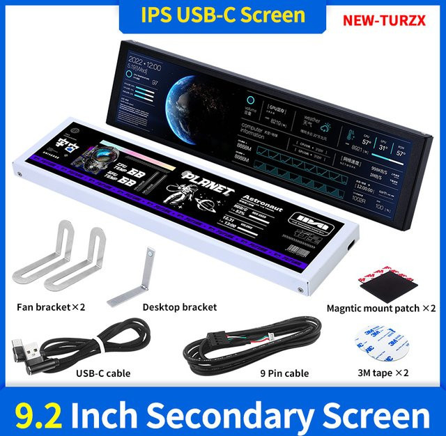 TURZX Smart Screen 9,2 Zoll IPS USB Sekundärbildschirm für PC in Weiß mit 1920x462 Auflösung und Typ-C Anschluss zur CPU GPU RAM Anzeige - Bild 1