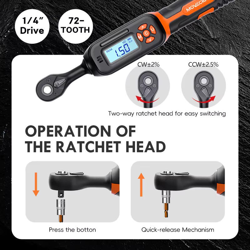 MOVECRAB Digitaler Drehmomentschlüssel Serie in Schwarz mit 1,5-340N.m, 2% Genauigkeit, LED-Blitz und Vibrationsalarm - Bild 5
