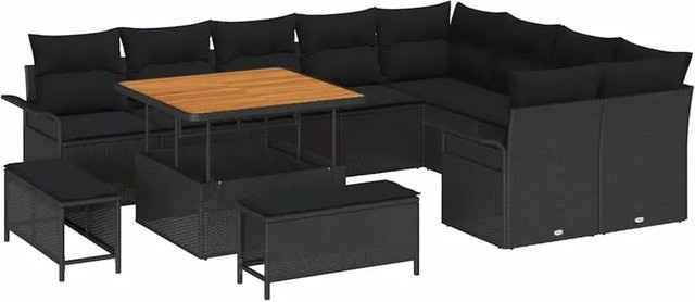vidaXL 12-teiliges Garten-Sofa-Set in Schwarz aus Poly Rattan und Akazie mit UV-beständigen Kissen und wetterfester Abdeckung - Bild 1