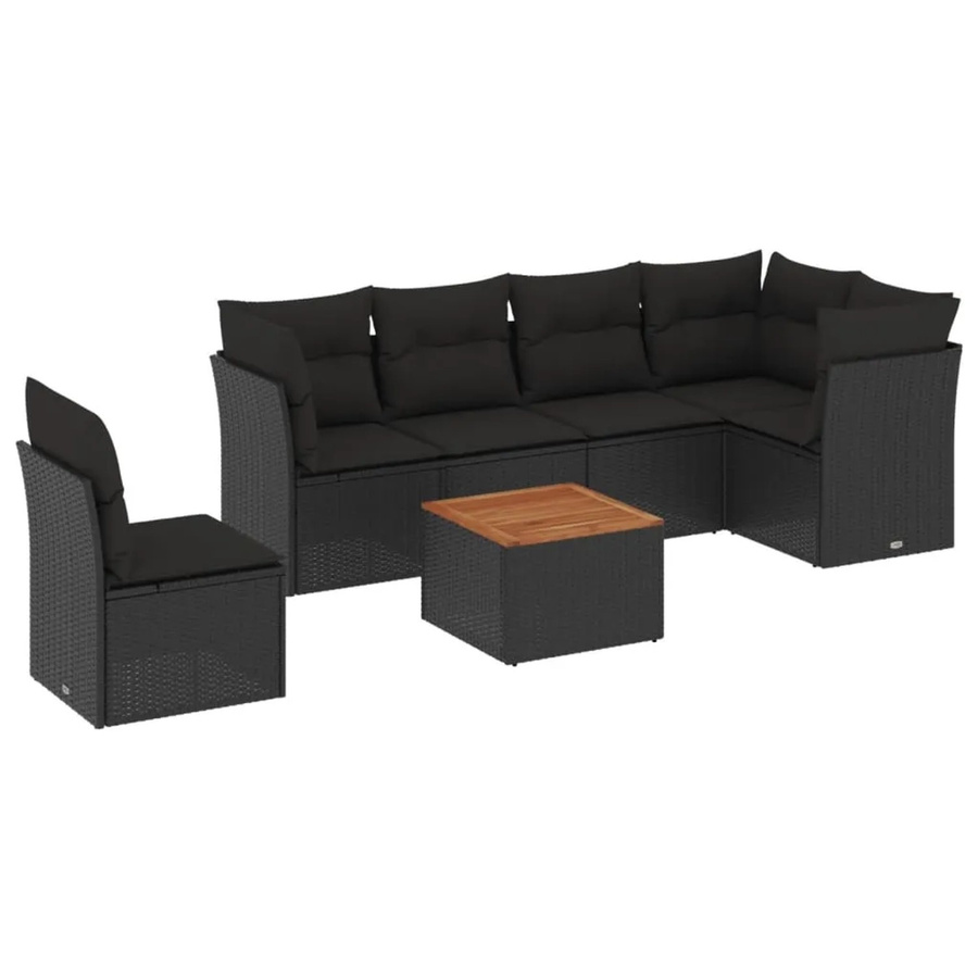 vidaXL 7-tlg Garten-Sofagarnitur in L-Form aus Poly-Rattan und Akazienholz mit Kissen, Schwarz - Bild 2
