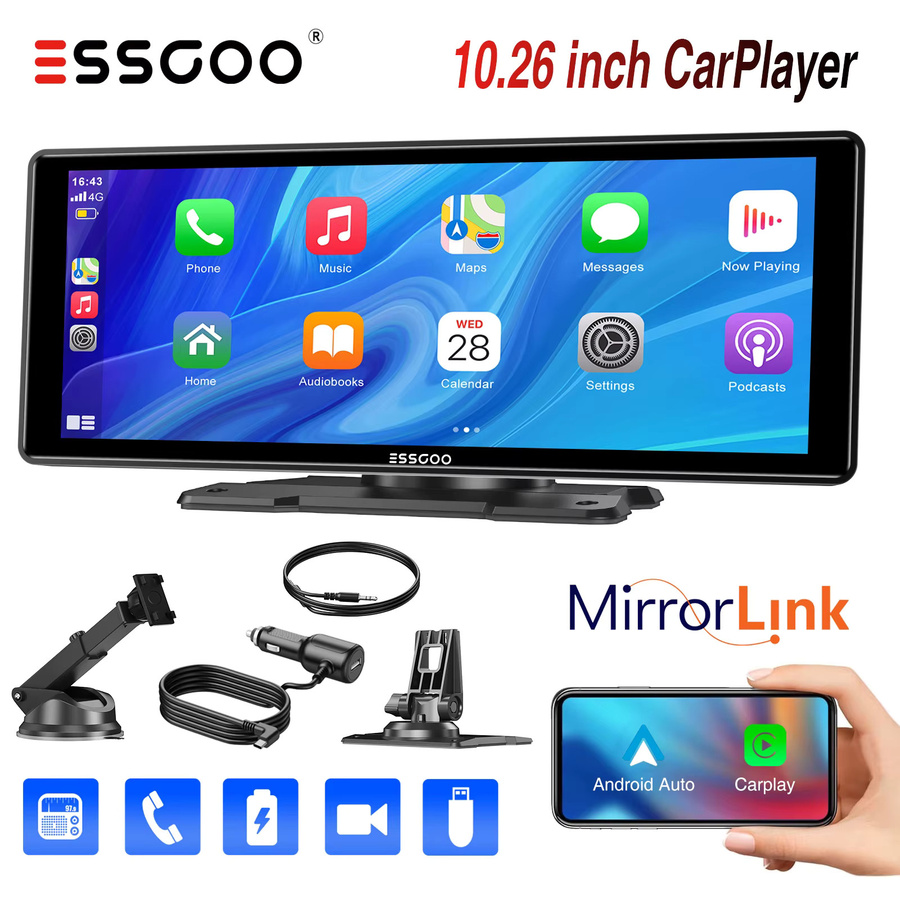 ESSGOO Tragbarer kabelloser Carplay Autoradio IPS-Bildschirm mit 10,26 Zoll, Android Auto, Mirror Link, AUX und FM-Transmitter, Schwarz - Bild 4