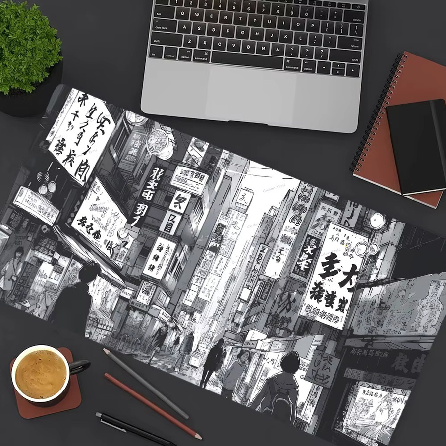 Mairuige Großes Mauspad und Tastaturpad mit Japanischer Anime Schwarz-Weiß Stadtstraßenszene für dein Gamer Setup - Bild 4