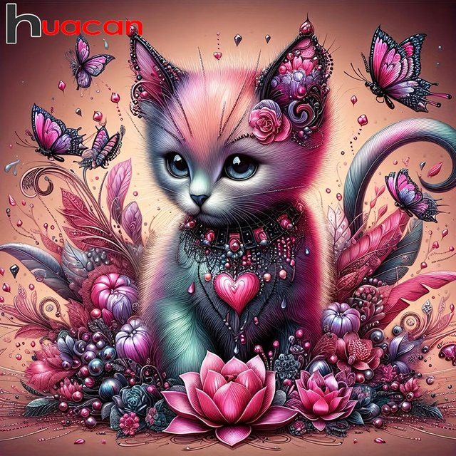 Huacan DIY Diamantmalerei Set mit Katze, Schmetterling und Blumen in Multicolour, B/H: 20 x 20 cm - Bild 1
