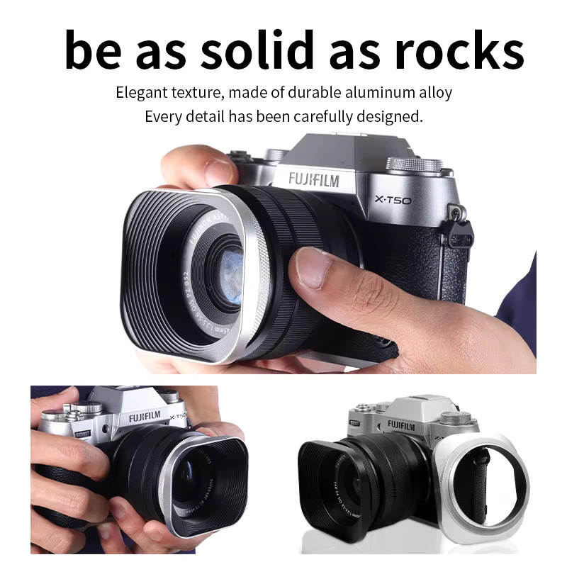 Quadratische Kamera-Gegenlichtblende aus Metall in Schwarz oder Silber, kompatibel mit Nikon 16–50, Canon, Sony und Fuji 15–45/35f2, universelles Fotozubehör mit 52 mm, 43 mm, 46 mm und 39 mm - Bild 4