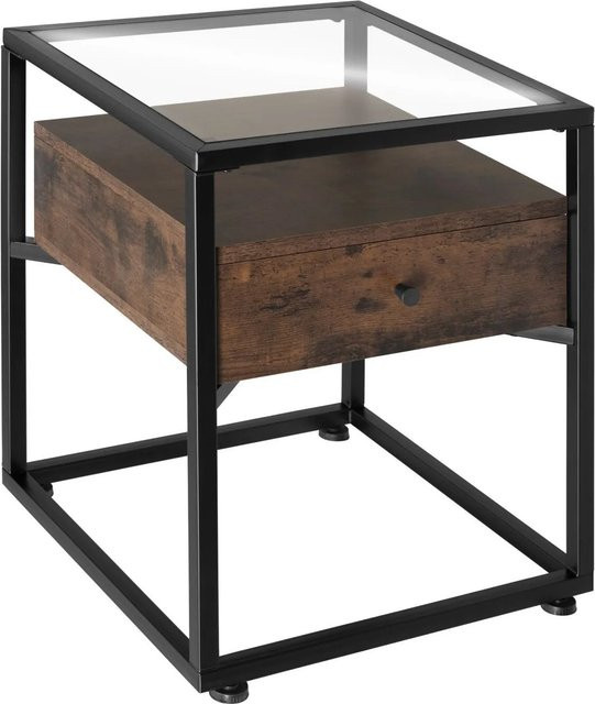 tectake Nachttisch im Industrial Style mit Glasplatte und Schublade aus Holz und Stahl in Braun und Grau, B: 43 cm, T: 45 cm, H: 54,5 cm - Bild 2