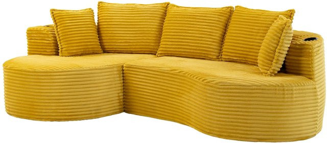 GOMYWAY Home Ecksofa aus Cord in Gelb mit Getränkehaltern, Seitentaschen und Kissen, B/T/H: 250 x 152 x 82 cm - Bild 1