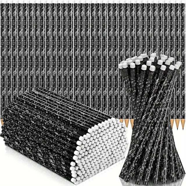 TWBEB 30 Stück HB Holzstifte mit Radiergummi in Schwarz mit Musiknoten-Design zum Zeichnen und Schreiben - Bild 1