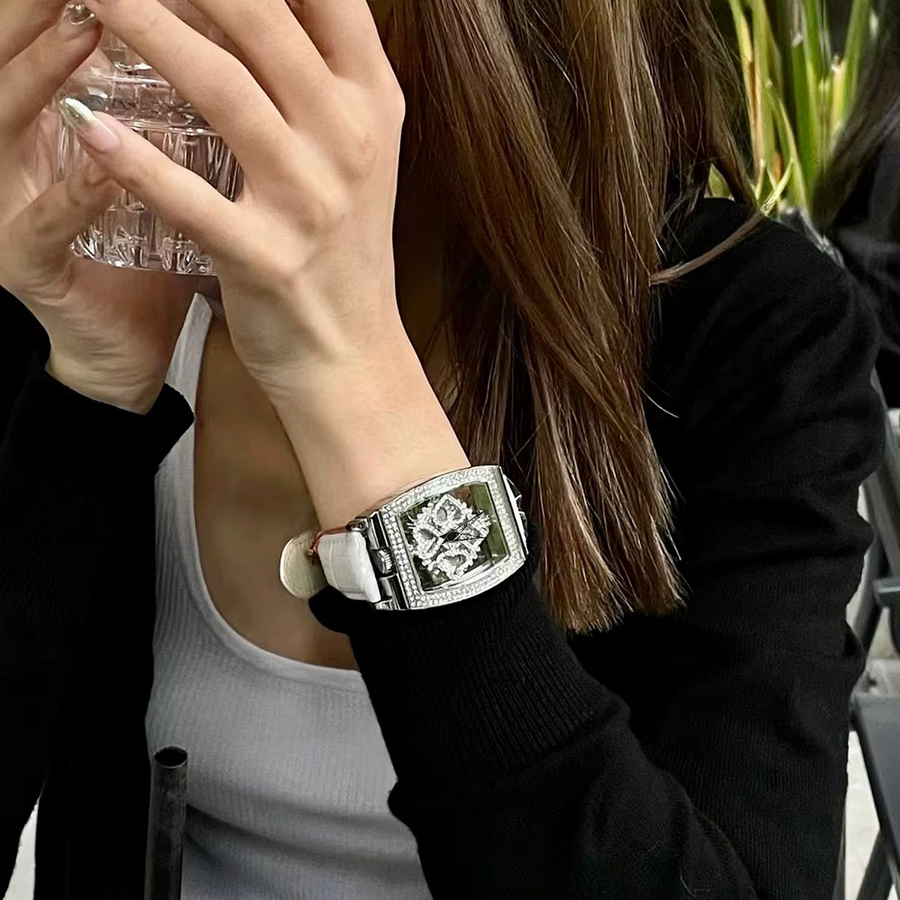 Armbanduhr Damen, Quarz, Edelstahl, Tonneau, Zirkonia, Weiß - Bild 4