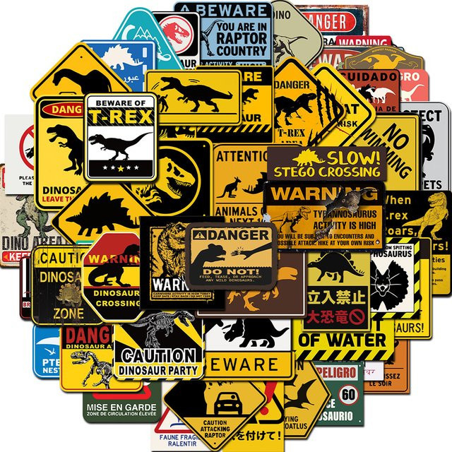 50 Stück Jurassic Warnhinweis Dinosaurier Aufkleber, wasserfeste Sticker in Multicolor für Laptop, Telefon und Gepäck von Story Store - Bild 1