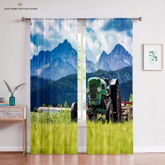 2er-Set Bauernhof und Traktor Vorhänge für Kinderzimmer, halbtransparente Gardinen mit Grafik-Motiv, Breite: 50 cm, Höhe: 130 cm - Bild 1