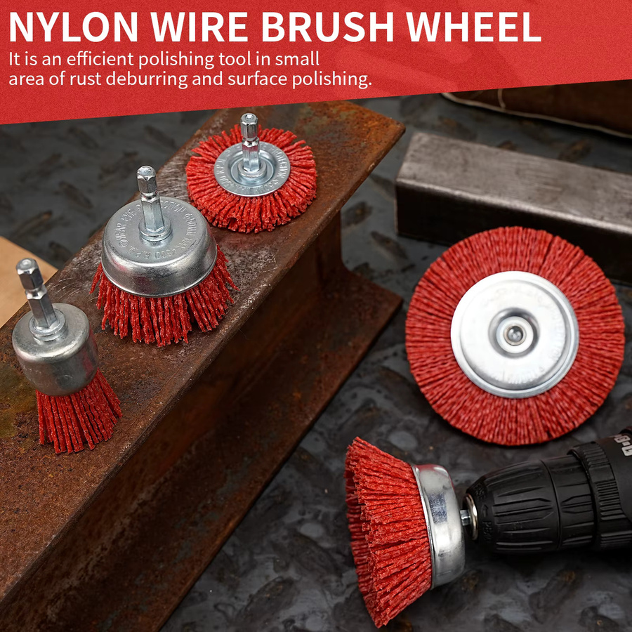 NuoDun 5-teiliges Nylon-Filament-Schleifbürsten-Set mit sechseckigem Griff zur Entfernung von Rost, Korrosion und Farbe in Rot - Bild 6
