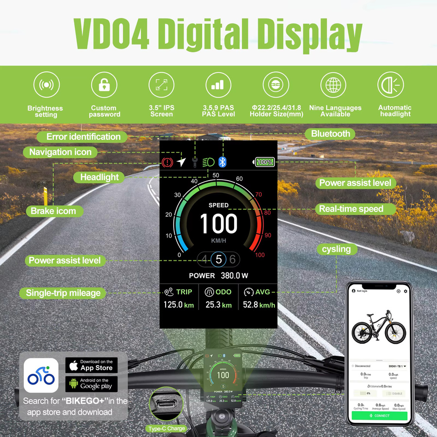 Bafang VD04 Vertikales E-Bike-Display mit 3,5 Zoll IPS Farbdisplay, IP67 Wasserdicht, 0-9 PAS-Stufen, Bafang CAN-Protokoll für Mittelmotoren, Schwarz, Typ-C Anschluss - Bild 5