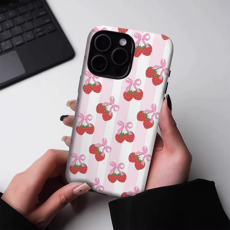Potdemiel Erdbeer-Handyhülle mit Blush & White Stripe für iPhone 17 16 15 14 13 Pro Max Plus, magnetische robuste Doppel-Schicht-Hülle in Pink und Weiß - Bild 2