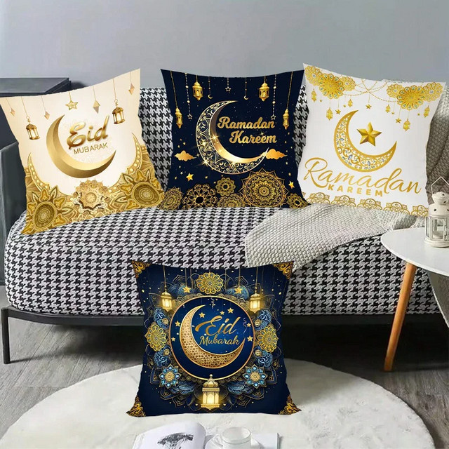 VIKAMA Eid Al-Fitr Mubarak Kissenbezug aus Leinen mit orientalischem Sternen-Design, quadratisch, Breite: 30 cm, Höhe: 30 cm - Bild 1