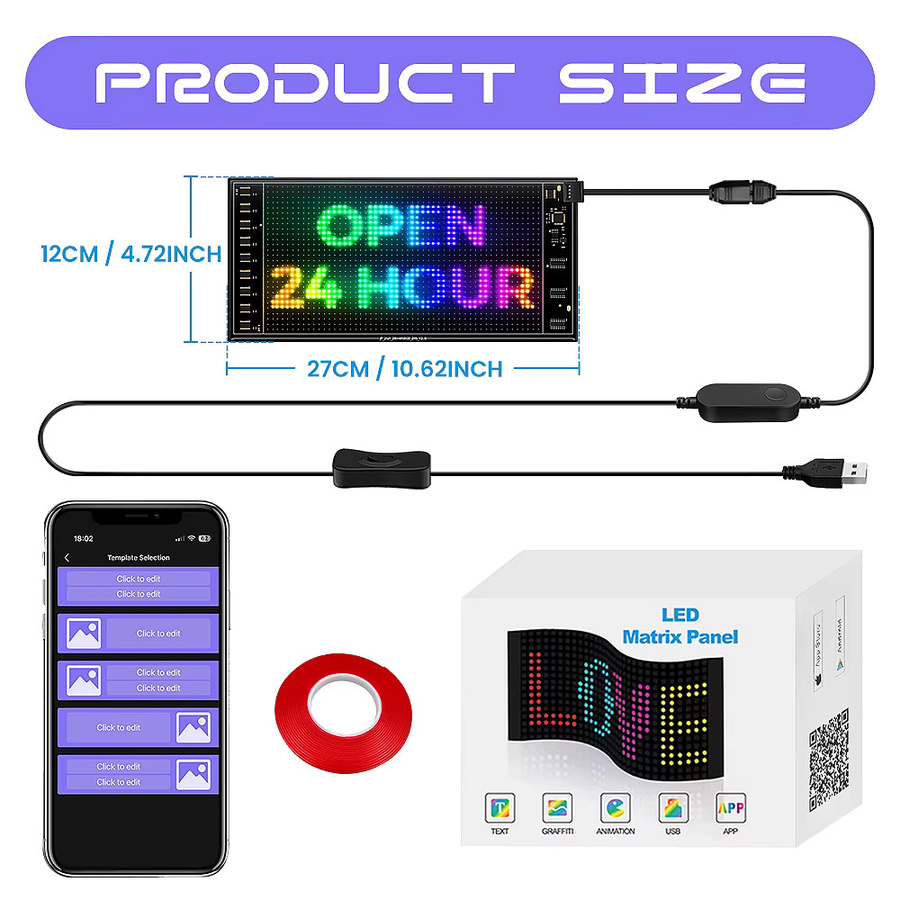 Programmierbares Doppelreihiges LED-Matrix-Schild in Schwarz mit App-Steuerung und RGB-Multicolor-Anzeige für Auto- und Ladenwerbung - Bild 7