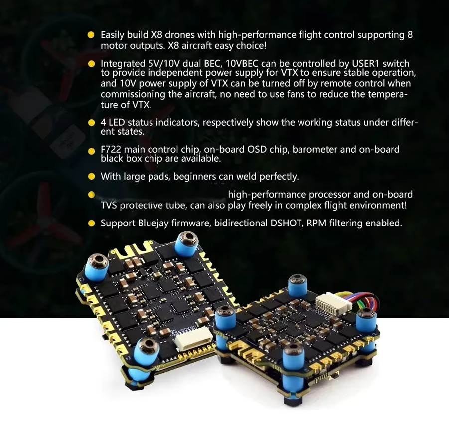 SoloGood F722 Stack ICM42688P Flugcontroller und BLHELI_S 60A 4in1 ESC in Schwarz, B/T: 30,5 x 30,5 mm, für 2-6S FPV Freestyle Drohnen - Bild 3