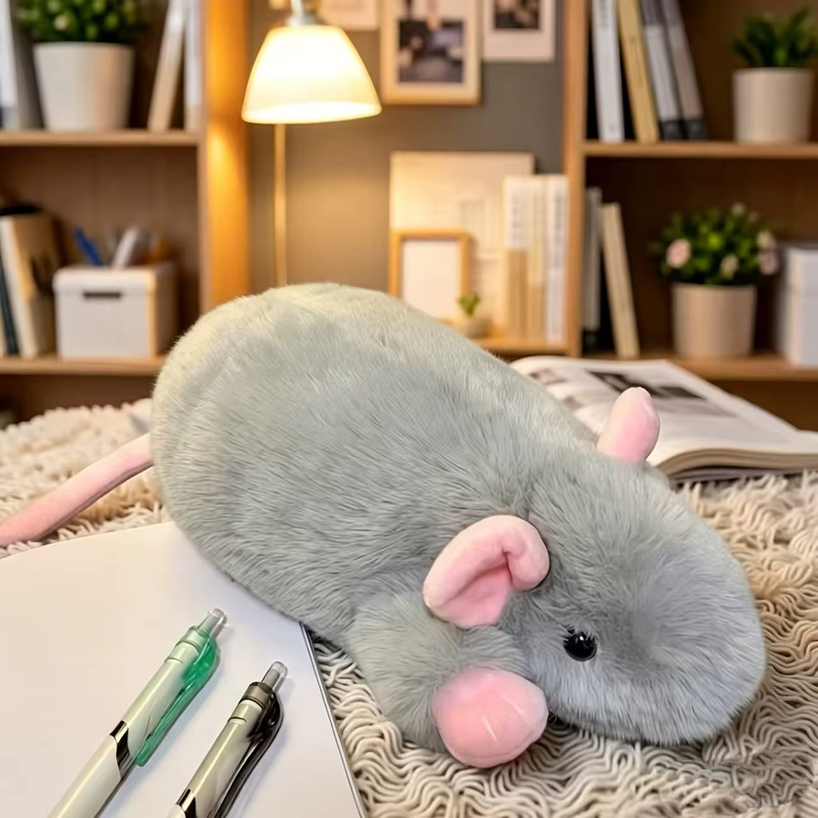Niedrige Plüsch-Maus-Kosmetiktasche in Mehrfarbig und Grau als weiche Aufbewahrungstasche für Make-up, Stifte und Bürobedarf - Bild 2