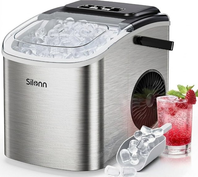 Silonn Eiswürfelmaschine in Silber mit Tragegriff, kompakt und selbstreinigend, 2 Eisgrößen, ideal für Küche, Büro und Partys - Bild 1