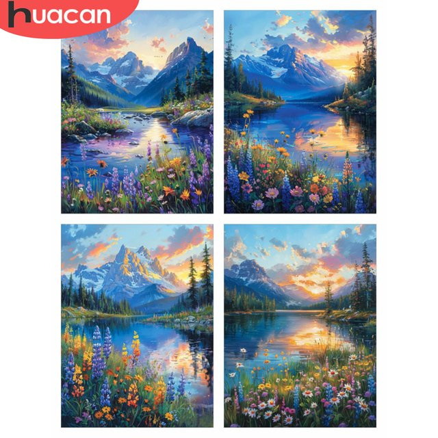 HUACAN 5D DIY Diamant-Mosaik Set mit Berglandschaft und Gänseblümchen, Multicolour, B/H: 30 x 20 cm - Bild 1