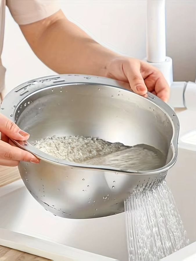 FEB.WIND Multifunktionales Reiswasch-Sieb aus Edelstahl in Silber, runde Waschschüssel mit Seitenabtropffläche für Obst und Gemüse, Durchmesser: 26,5 cm, Höhe: 13,5 cm - Bild 6