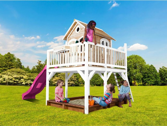 Axi Spielturm Liam aus Holz in Braun-Weiß mit lila Rutsche, B/H/T: 377 x 291 x 255 cm - Bild 1