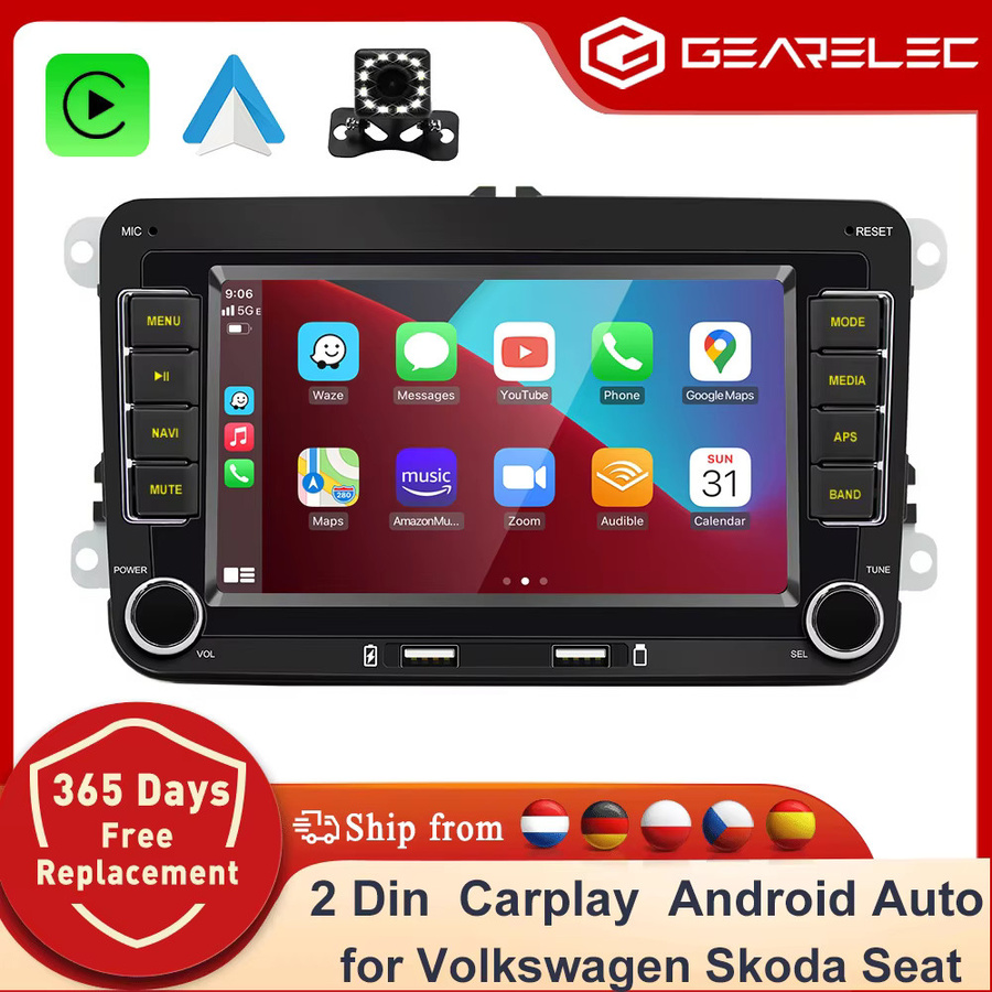 GEARELEC Android 14 Autoradio mit GPS und WiFi, 2 Din Multimedia-Player mit Carplay in Schwarz für Volkswagen Skod Octavia Golf 5 6 Touran Passat Polo Jetta - Bild 1
